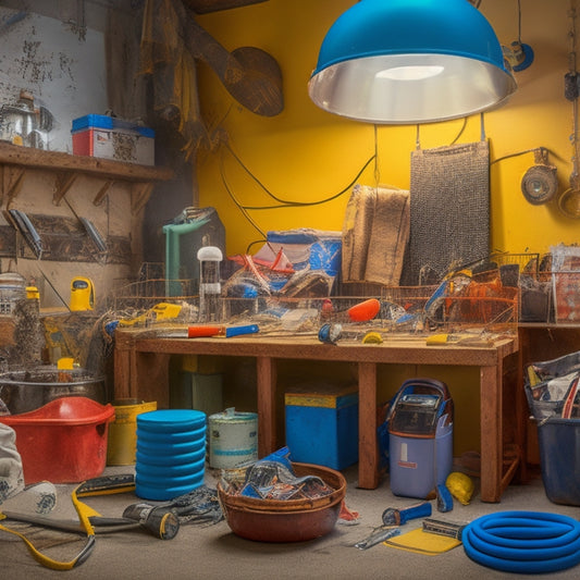 A cluttered DIY renovation workspace with a ladder, power tools, and scattered materials, surrounded by caution tape, safety goggles, and a first aid kit, amidst a backdrop of exposed wiring and pipes.