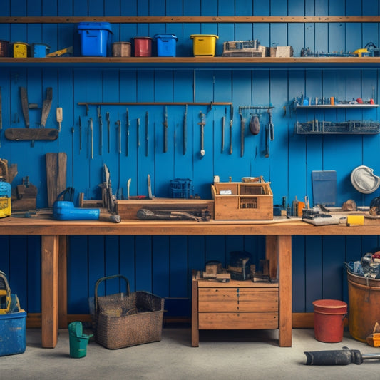 A tidy workshop with a wooden workbench, neatly organized toolboxes, and a pegboard with hung tools, surrounded by a faint blue grid of renovation plans and a subtle hint of a construction site in the background.