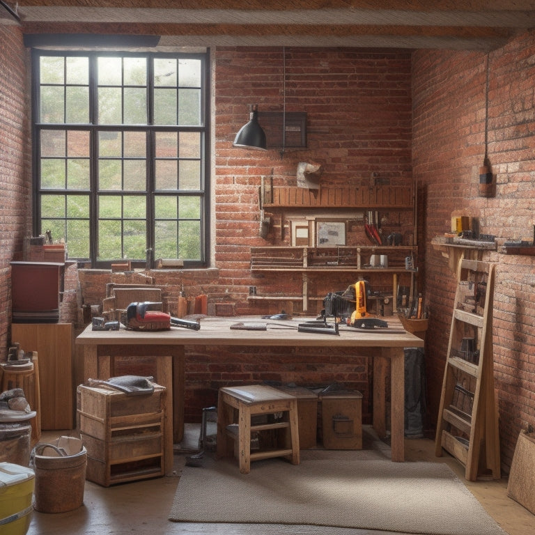 A cluttered but organized DIY workspace with a wooden workbench, various power tools, and a half-renovated room in the background, with exposed brick and a ladder leaning against the wall.