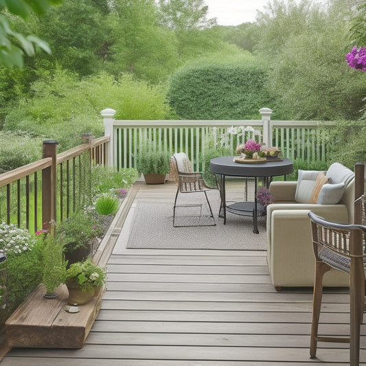 A serene backyard scene with a newly renovated deck featuring weathered wood, sleek railings, and plush outdoor furniture, surrounded by lush greenery and vibrant blooming flowers.