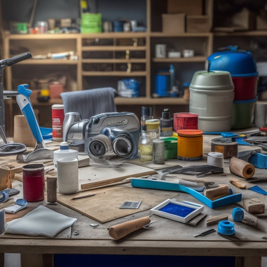 A cluttered workshop table with a variety of adhesion tools scattered across it, including a caulk gun, adhesive tape rolls, a hot glue gun, and a putty knife surrounded by renovation materials like drywall and wood planks.