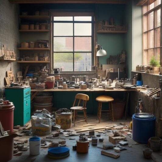 A cluttered but organized workshop with various DIY home renovation tools and materials, surrounded by open boxes of tiles, wooden planks, and paint cans, with a cityscape visible through a window.