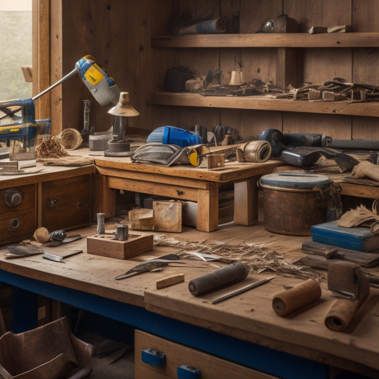 A cluttered workbench with various finishing tools, including a cordless drill, orbital sander, and tape measure, surrounded by wood shavings, scattered blueprints, and a half-finished wooden cabinet.