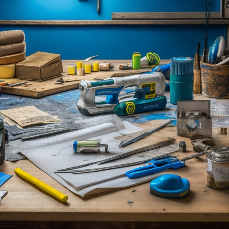 A cluttered workbench with a hammer, tape measure, level, and cordless drill, surrounded by scattered blueprints, nails, and paint swatches, with a partially renovated room in the blurred background.