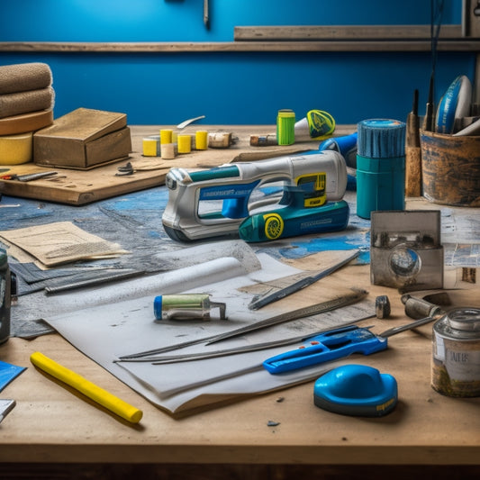 A cluttered workbench with a hammer, tape measure, level, and cordless drill, surrounded by scattered blueprints, nails, and paint swatches, with a partially renovated room in the blurred background.