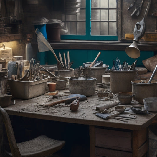 A cluttered, well-lit workbench with a variety of mixing tools, including a sturdy putty knife, a worn trowel, and a set of pristine mixing buckets, surrounded by scattered renovation materials.