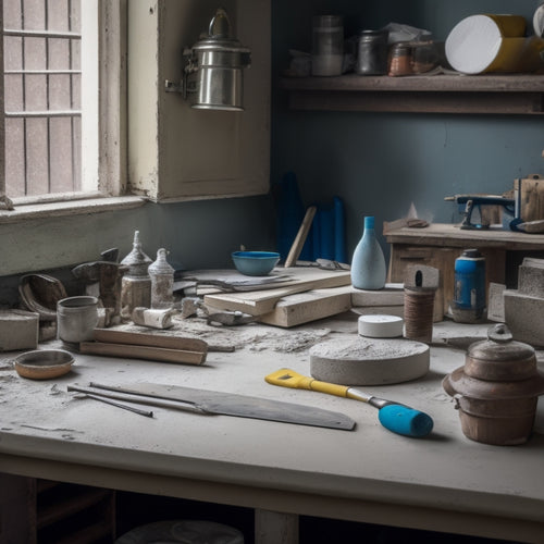 A cluttered workshop table with various plaster wall renovation tools, including a putty knife, joint knife, trowel, scraper, and sanding block, amidst scattered plaster dust and renovation debris.