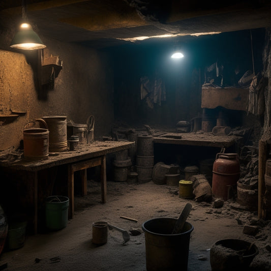 A dimly lit, cramped, and worn-out basement with a cracked concrete block foundation, surrounded by rusty old pipes, crumbling mortar, and scattered renovation tools, awaiting transformation.