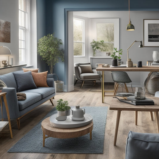 A tidy, modern living room with a laptop and a stack of blueprints on a coffee table, surrounded by renovation tools and materials, with a subtle background of a partially renovated room.