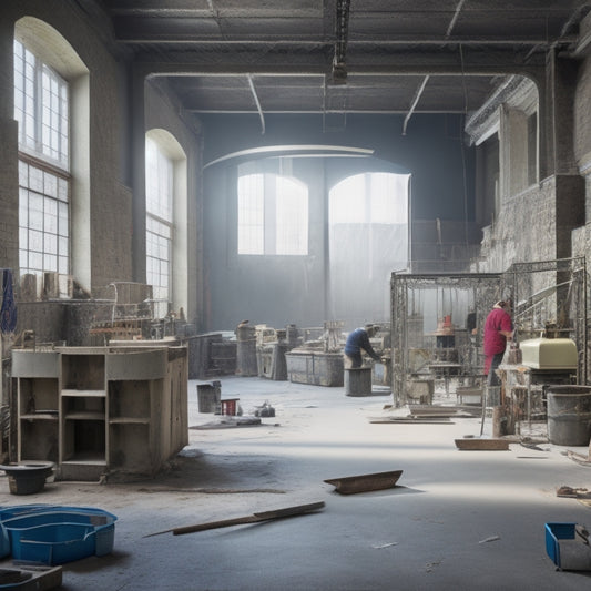 "A bustling renovation site with multiple plastering machines, showing differences in size, features, and capacity, against a background of walls at various stages of completion and tools scattered around."