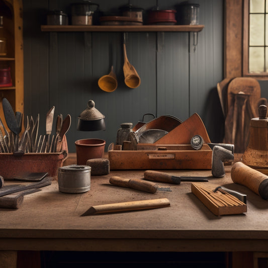 A photograph of a workbench with various trowels, each with notable differences in handle material, blade size, and edge type, against a background of renovation supplies and tools.