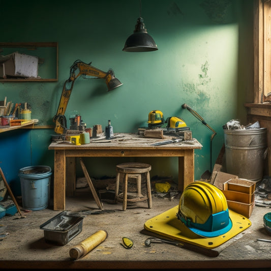 A cluttered workspace with a half-demolished wall, scattered power tools, a spirit level, and a bucket of paint, with a faint blueprint on the floor and a hard hat in the corner.