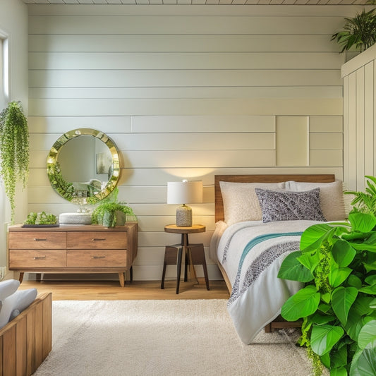 A beautifully renovated room with a stunning accent wall featuring a combination of white shiplap, reclaimed wood, and sleek glass tiles, adorned with modern decorative items and lush greenery.