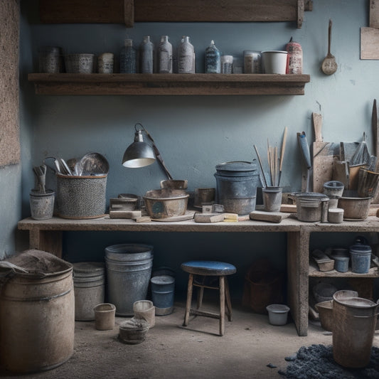 A cluttered, yet organized, DIY workstation with various trowels of different materials and sizes, surrounded by buckets of mortar, scattered tiles, and a partially renovated wall in the background.