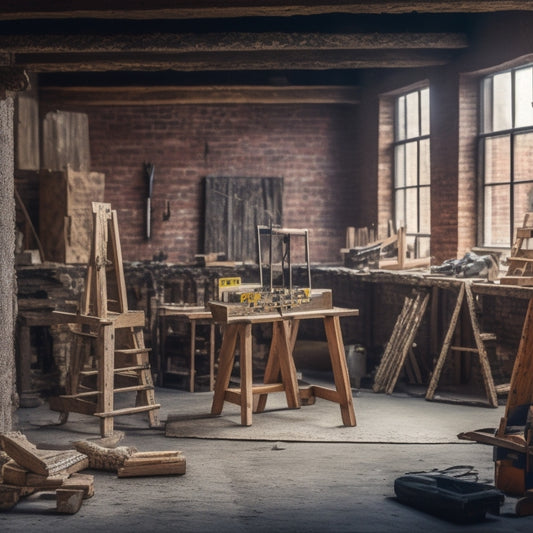 A sawhorse with various block cutting saws of different brands and models arranged on it, with a blurred background of a half-renovated room with exposed brick and wooden beams.