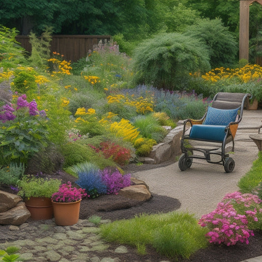 A serene and vibrant garden scene with a mix of lush greenery, colorful blooms, and natural stone pathways, featuring a wheelbarrow, gardening gloves, pruners, and a tablet with a garden design blueprint.