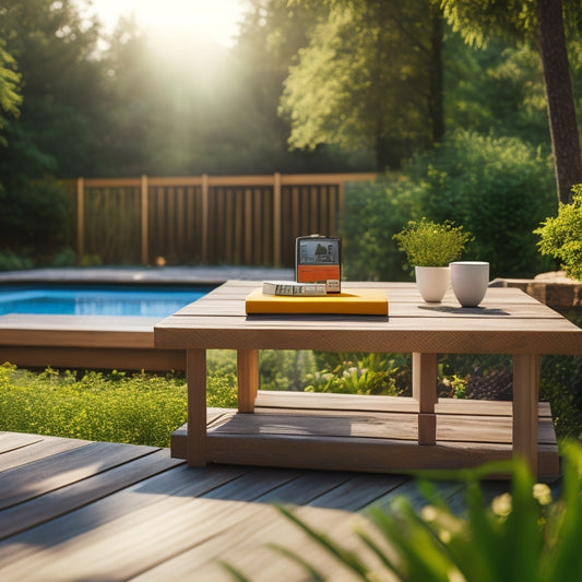 A serene backyard scene featuring a partially built deck with measuring tape, calculator, and notebook lying on a wooden plank, surrounded by lush greenery and a sunny sky.