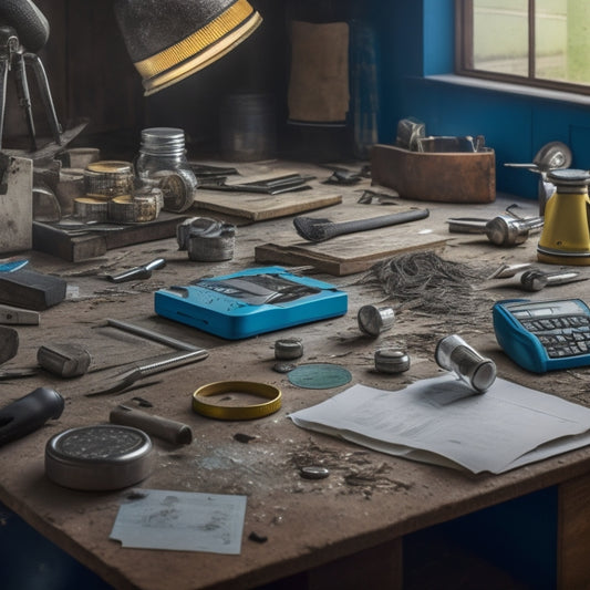 Image prompt: A messy workshop with various power tools scattered around, a blueprint of a home renovation project on a workbench, and a calculator surrounded by scattered coins and bills in the foreground.