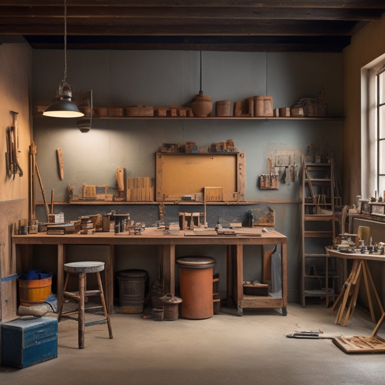 A tidy, well-lit workshop with a freshly plastered wall section, surrounded by an array of organized painting tools, including rollers, brushes, trays, and ladders, in a warm, earthy color palette.