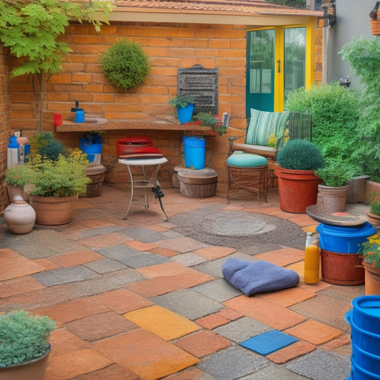 A cluttered patio with cracked and faded sealant, surrounded by renovation tools like scrapers, solvents, and brushes, with a few patio stones and pavers stacked in the background.