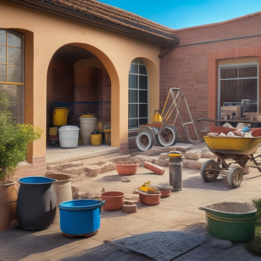 A cluttered home renovation scene with various blocks, bricks, and pavers scattered around, featuring a prominent wheelbarrow, a mortar mixer, and a few trowels, amidst a backdrop of half-built walls and scaffolding.