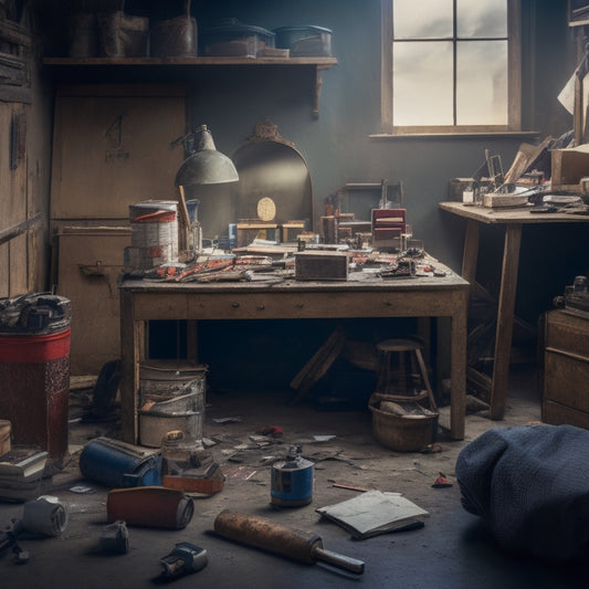 A cluttered workspace with a hammer lying on a messy floor, surrounded by scattered tools and broken materials, contrasted with a tidy workspace featuring a organized toolbox and a perfectly renovated room in the background.