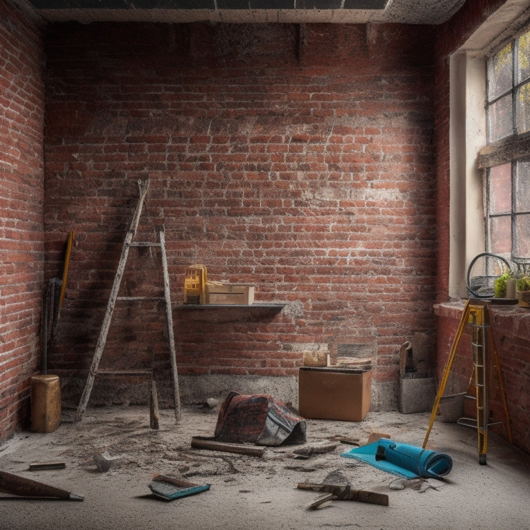 A messy wall renovation scene with scattered tools, including a drill, level, and trowel, surrounded by torn drywall, paint swatches, and a ladder, set against a backdrop of exposed bricks.
