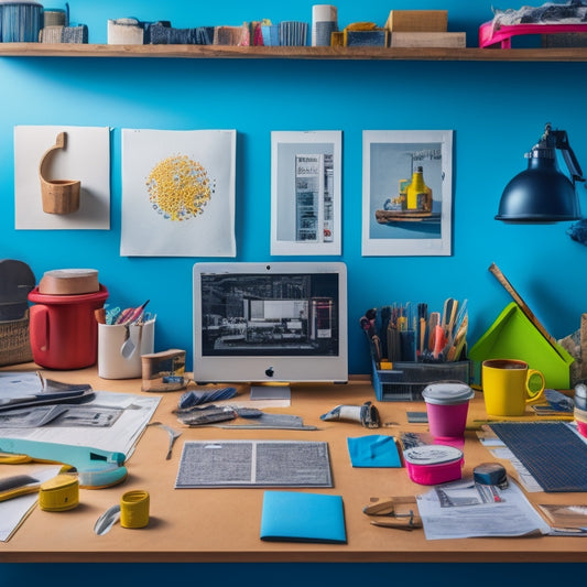 A colorful, organized workspace with a large, corkboard-covered wall displaying various renovation tools and materials, surrounded by a laptop, coffee cup, and scattered blueprints.