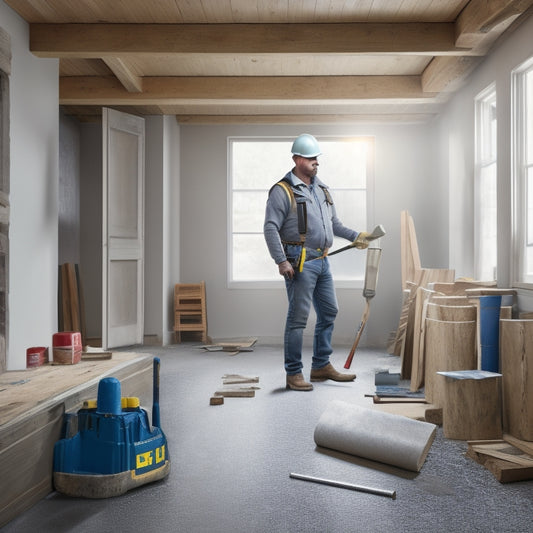An illustration of a person in a hard hat and vest, holding a leveling tool and standing in a partially renovated room with exposed walls, flooring, and ceiling, amidst scattered construction materials.