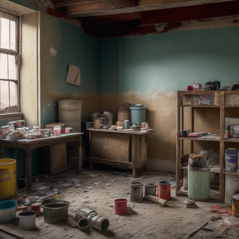 A cluttered room with peeling wallpaper, dusty furniture, and a worn-out floor, surrounded by paint cans, rollers, and drop cloths, with a ladder leaning against a wall, awaiting renovation.