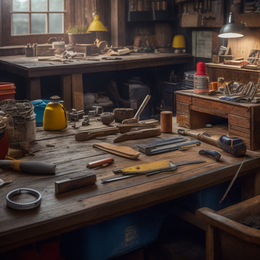 A cluttered workbench with various DIY tools and materials surrounding a central, worn wooden table, with a hammer, tape measure, and level atop a half-finished renovation project.