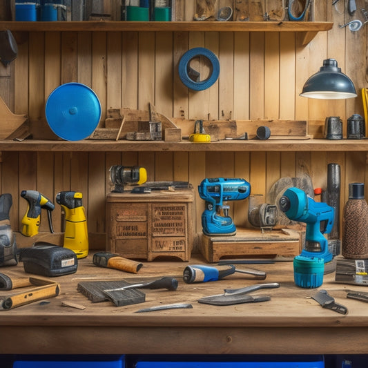 A cluttered home renovation workspace with various tools scattered around, including a cordless drill, impact driver, circular saw, level, and sandpaper, amidst half-finished DIY projects and wooden planks.