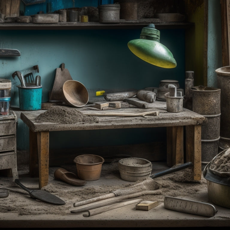 A cluttered workbench with a mix of old and new concrete renovation tools, including a worn trowel, a drill with a mixing paddle, a level, and a bucket with a scoop, surrounded by concrete dust and debris.