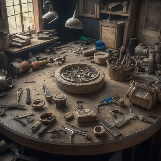 A cluttered workshop table with various hand tools, such as hammers, screwdrivers, pliers, and wrenches, arranged in a circular pattern around a miniature model of a house under renovation.