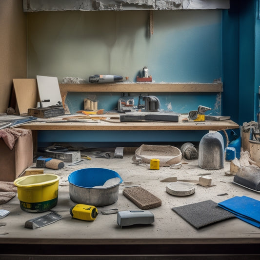 A cluttered workbench with various plasterboard sanding tools scattered around, including an electric sander, sanding blocks, and dust masks, surrounded by dusty drywall fragments and scattered sandpaper sheets.