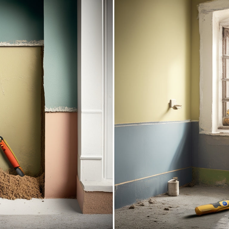 A before-and-after split-screen image of a worn, cracked exterior wall transforming into a modern, smooth, and painted surface, with various renovation tools scattered around, including a trowel, level, and cordless drill.