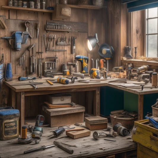 A cluttered workbench with a variety of tools, including a drill, impact driver, level, and hammer, surrounded by scattered renovation materials like wood planks, screws, and paint cans.