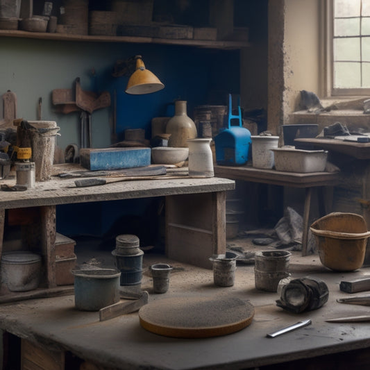 A cluttered workbench with various plastering tools, including a hawk, trowel, joint knife, and bucket, surrounded by scattered plaster dust and half-finished renovation projects in the background.