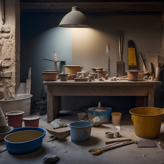 A well-lit, organized workshop table with various plastering trowels of different sizes, shapes, and materials, surrounded by scattered buckets of plaster, mixing tools, and a partially plastered wall in the background.