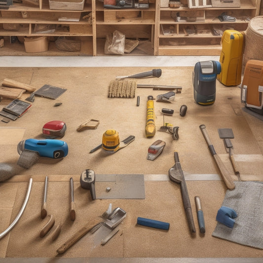 A cluttered floor renovation workspace with various tools scattered around, including a drill, scraper, and edger, with a few sealed flooring samples in the background and a faint outline of a renovated room.