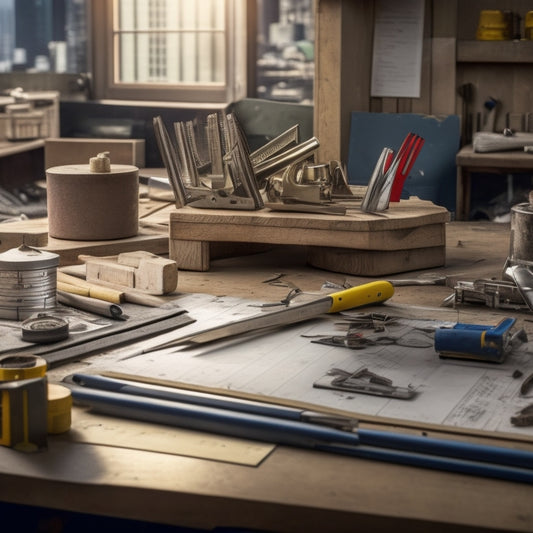 A cluttered workbench with various measuring tools, including a tape measure, level, and caliper, scattered among half-cut blocks, blueprints, and scattered pencils, with a cityscape renovation site blurred in the background.
