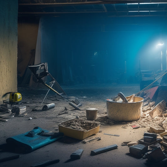 A cluttered, dimly lit construction site with various demolition tools scattered around, including a sledgehammer, pry bar, and jackhammer, amidst broken drywall, shattered tiles, and torn carpets.