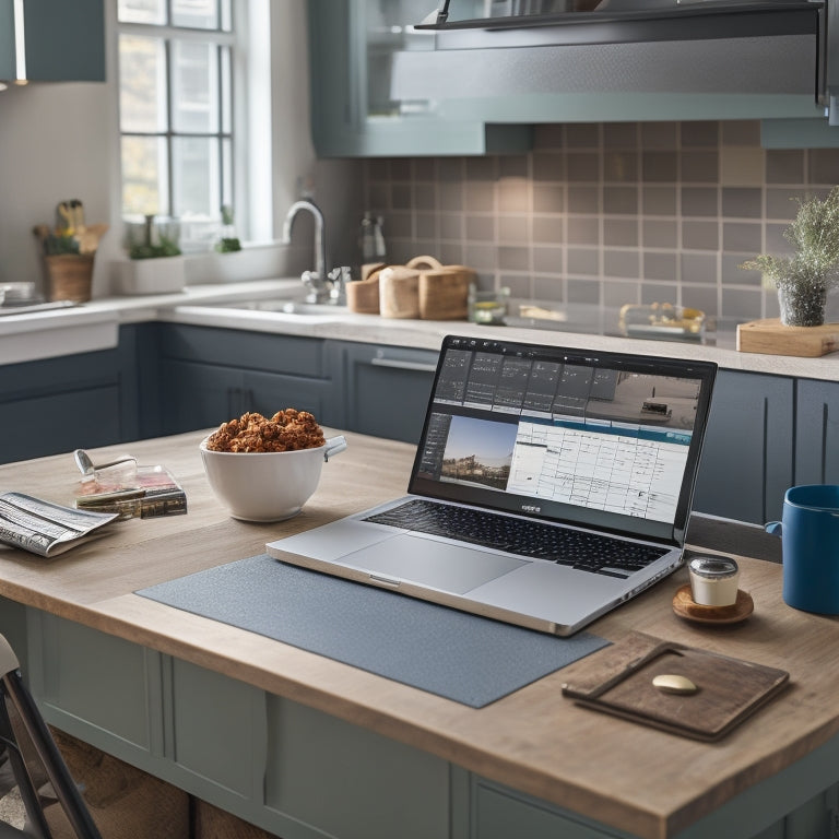 A tidy, modern kitchen with a laptop open on a counter, displaying a calendar or spreadsheet, surrounded by scattered renovation plans, paint swatches, and a cup of coffee.