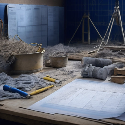 A cluttered construction site with a torn blueprint, scattered tools, and a calendar with crossed-out dates, surrounded by piles of dusty drywall and tangled electrical wires.