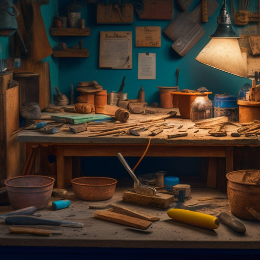 A cluttered, well-lit workbench with various DIY trowels of different shapes, sizes, and materials, surrounded by scattered renovation materials like mortar, tiles, and grout.