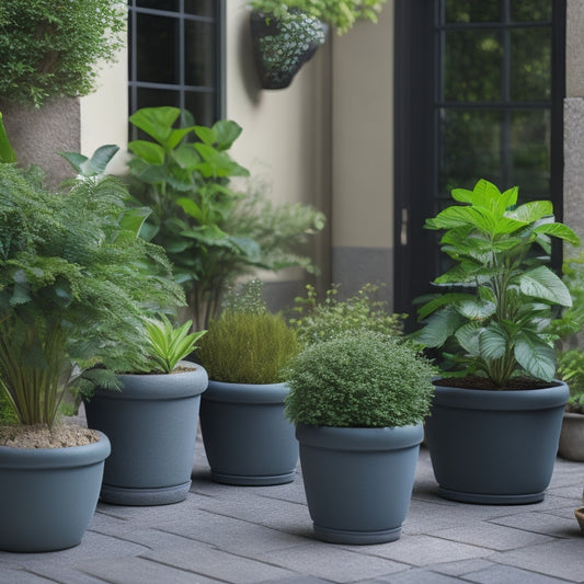 A serene outdoor patio scene with three identical potted plants, each in a differently sized planter (small, medium, large), surrounded by lush greenery and natural stone flooring.