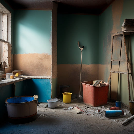 A dusty, dimly lit room with a partially demolished plaster wall, surrounded by essential tools: a putty knife, joint compound bucket, sandpaper, and a ladder, with scattered debris and torn wallpaper.