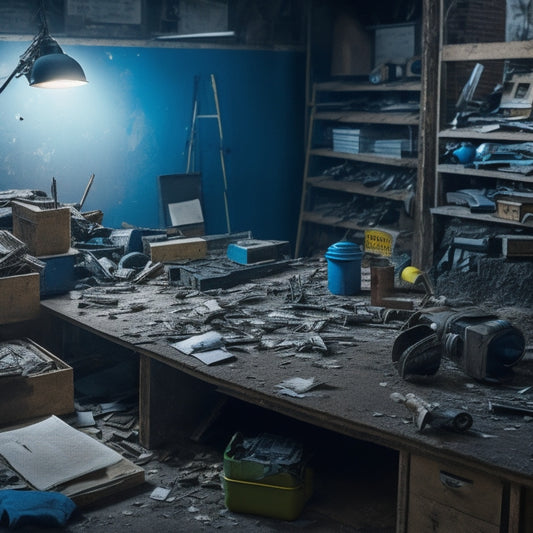 A cluttered workspace with scattered blueprints, half-unpacked toolboxes, and a hammer lying amidst scattered screws, surrounded by a demolished wall with exposed wiring and pipes.