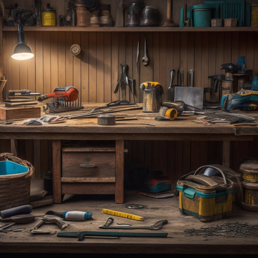 A cluttered workbench with a variety of tools, including a cordless drill, tape measure, level, wrench, and pliers, surrounded by wooden planks, hammers, and scattered screws.