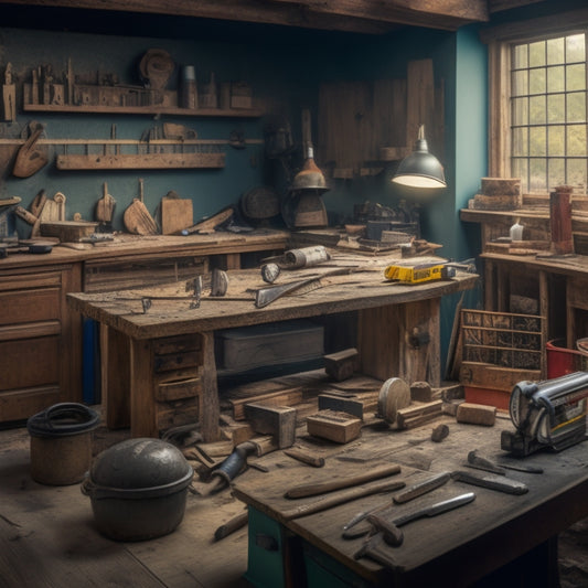 A cluttered workbench with a block-shaped house model in the center, surrounded by scattered tools like hammers, trowels, levels, and a circular saw, with a subtle background of a renovation site.